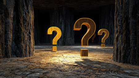 A captivating cave scene featuring glowing question marks that evoke themes of mystery and inquiry. The interplay of light and shadow creates an intriguing atmosphere.の素材