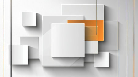 This abstract geometric composition features white and orange elements arranged in a dynamic layout. The clean lines and shadows create a modern, minimalistic feel perfect for various design projects.の素材