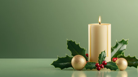 A serene Christmas scene featuring a glowing candle surrounded by holly leaves and golden ornaments. Perfect for conveying warmth and festive spirit in holiday images.の素材