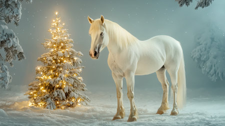 A majestic white horse stands gracefully beside a glowing Christmas tree, creating a serene winter scene filled with tranquility and beauty in the snowy landscape.の素材