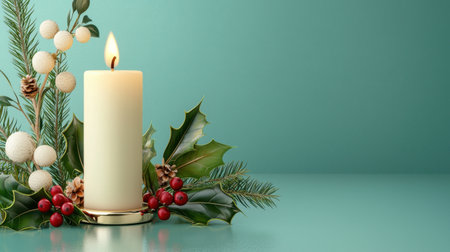 A serene image featuring an elegant candle surrounded by festive holiday decor on a soft turquoise background, perfect for creating a warm, inviting atmosphere.の素材
