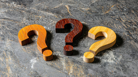 A vibrant display of wooden question marks in different colors on a textured dark stone surface, symbolizing curiosity and inquiry, perfect for educational themes.の素材