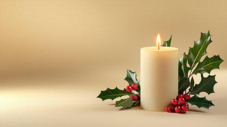 A soft-lit candle surrounded by holly and red berries, creating a serene and festive atmosphere. Perfect for holiday decorations and winter celebrations.の素材