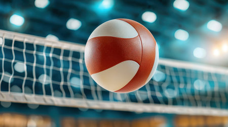 A vibrant volleyball captured mid-air against a blurred background, showcasing the energetic spirit of the sport. Perfect for sports enthusiasts.の素材