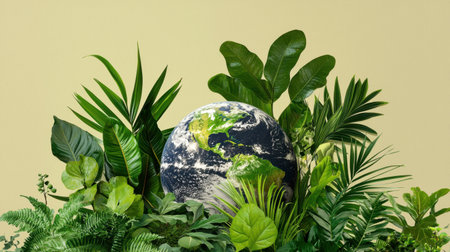 Vibrant earth surrounded by various lush green plants symbolizes the beauty and importance of nature. Perfect for themes of sustainability and environmentalism.の素材