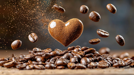 A heart-shaped cocoa powder hovers above a mound of coffee beans, symbolizing love for coffee. Perfect for coffee lovers, cafes, and romantic themes.の素材