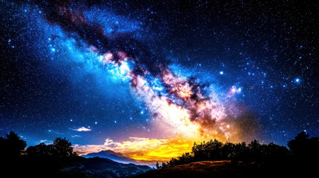 A breathtaking view of the Milky Way galaxy illuminating a serene landscape at sunset, showcasing a stunning array of stars and vibrant colors in the night sky.の素材