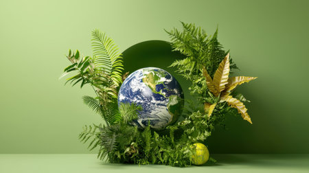 A vibrant representation of Earth enveloped in lush greenery, symbolizing nature and environmental sustainability. Ideal for ecological and artistic use.の素材