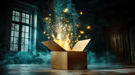 An open cardboard box reveals a stunning explosion of light and sparks in a dark, mysterious setting, enveloped in smoke, inspiring feelings of wonder and discovery.の素材