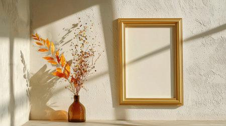 A serene still life featuring an empty gold frame and a vase with dried flowers, beautifully lit by sunlight, creating a warm and inviting atmosphere.の素材
