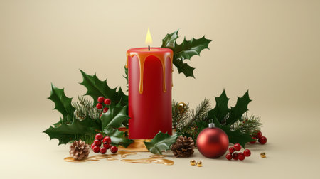 A vibrant red candle set among lush holly and pine elements creates a festive holiday scene. Ideal for capturing the essence of Christmas warmth and joy.の素材