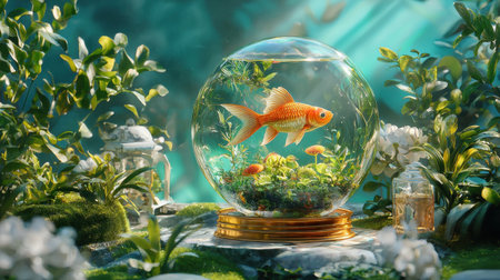 A stunning visual of a goldfish swimming in a vibrant aquarium amidst lush greenery and flowers, creating a tranquil and serene atmosphere.の素材