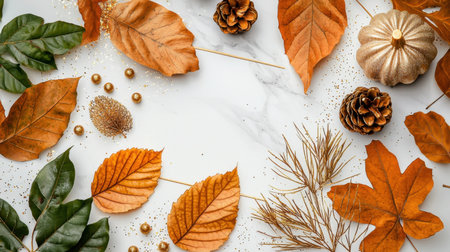 A beautiful arrangement of autumn leaves, pine cones, and a pumpkin on a marble surface. The warm color palette creates a cozy and inviting atmosphere perfect for seasonal decor.の素材