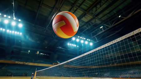 A vibrant volleyball captured mid-air above the net in a dramatic indoor gym setting, showcasing the thrill and intensity of competitive sports.の素材