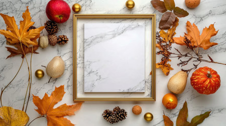 A beautiful autumn arrangement featuring vibrant leaves and fruits surrounding a blank frame on a marble surface. Perfect for seasonal themes.の素材
