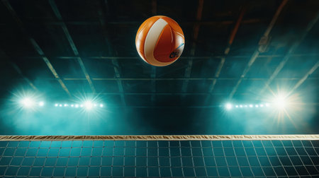 A captivating shot of a volleyball mid-air above a sports net, illuminated by dramatic arena lighting, capturing the excitement and energy of indoor competition.の素材