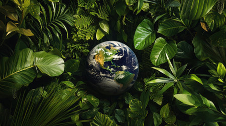 Discover a captivating image of Earth nestled among vibrant green foliage, symbolizing the rich biodiversity and harmony of nature. Perfect for environmental themes.の素材