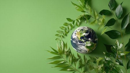 A vibrant image featuring a globe of Earth surrounded by fresh green leaves, symbolizing nature, harmony, and environmental awareness amidst a bright background.の素材