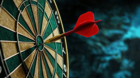 A vivid image of a dart arrow striking the bullseye on a dartboard. This scene captures the essence of precision, focus, and success in a competitive game.の素材