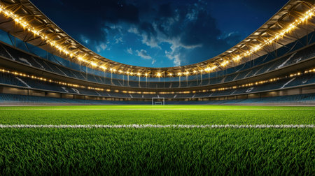 This image features an impressive empty soccer stadium at night, showcasing bright lights illuminating the vibrant green grass field, perfect for sports themes.の素材