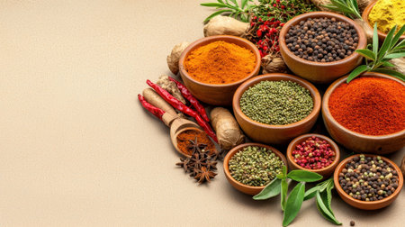 A vibrant assortment of spices and herbs displayed in wooden bowls. Ideal for culinary enthusiasts, this image captures rich colors and textures of natural flavors.の素材