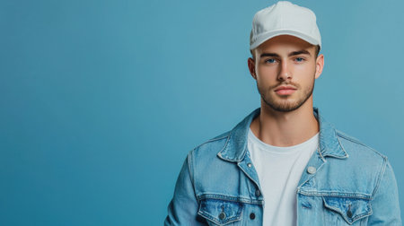 A portrait of a handsome young man wearing a cap and denim jacket against a blue background, exemplifying casual style and confidence in modern fashion.の素材