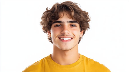 Portrait of a cheerful young male with curly hair wearing a yellow shirt, showcasing a bright smile against a clean white background, radiating positivity.の素材