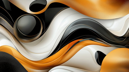 Vibrant abstract design featuring fluid shapes and smooth curves in black, white, gold, and orange tones. Perfect for modern artistic projects and backgrounds.の素材
