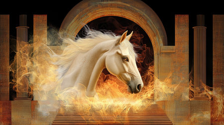 A stunning white horse emerges from vibrant flames in a grand ancient setting, embodying elegance and power. Ideal for fantasy-themed projects or artwork.の素材