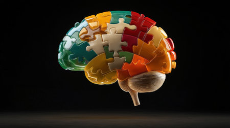 This vibrant image showcases a brain made of colorful puzzle pieces, illustrating the concepts of creativity and problem solving in a visually striking manner.の素材