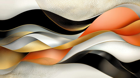 A vibrant abstract artwork featuring flowing wavy shapes in orange, black, gold, and white. Dynamic textures create a sense of movement and elegance.の素材