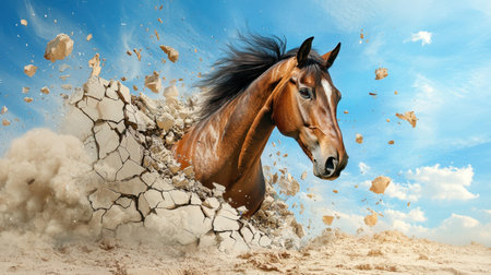 A striking image of a powerful horse breaking through a cracked wall of earth, with dust swirling around. This dynamic scene captures strength and movement against a bright blue sky.の素材