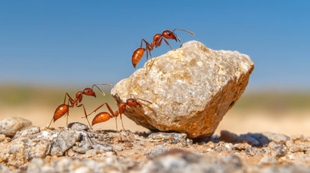 A fascinating close-up view of red ants collaborating to move a rock across the sandy surface. This image showcases the beauty and intricacy of natureの素材