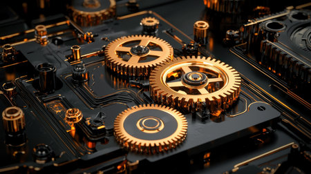 Explore this detailed close-up of bronze gears on a dark circuit board, highlighting the intricate design and the beauty of mechanical technology and artistry.の素材