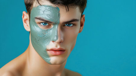 Portrait of a young man applying a green face mask on one side of his face, conveying beauty and self-care. The blue background enhances the skincare theme.の素材