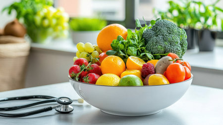 A vibrant assortment of fresh fruits and vegetables in a bowl, symbolizing health and wellness. Perfect for promoting a nutritious lifestyle and healthy eating.の素材