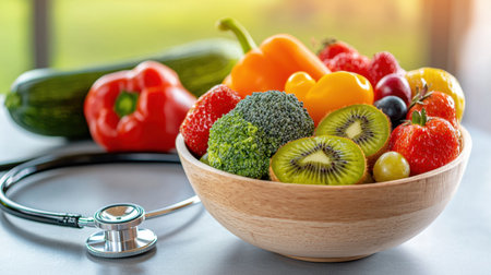 A vibrant assortment of fresh fruits and vegetables is presented in a wooden bowl alongside a stethoscope, symbolizing healthy eating and wellness.の素材