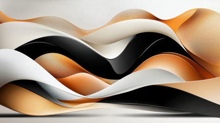 This image features an abstract design of flowing waves in warm tones with black accents, creating a sense of movement, elegance, and modernity. Perfect for artistic themes.の素材
