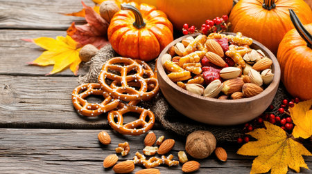A cozy autumn snack spread featuring a wooden bowl of mixed nuts, pretzels, and bright mini pumpkins on a rustic table with colorful leaves.の素材
