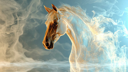 This stunning image features an elegant horse enveloped in a soft, ethereal smoke effect, creating a dreamlike atmosphere full of beauty and intrigue.の素材