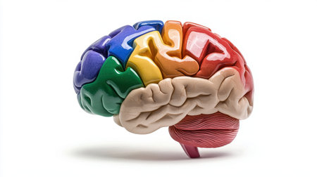 A detailed and colorful model of the human brain showcasing various sections and functions, perfect for educational and scientific use in neurobiology and psychology.の素材