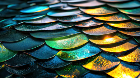 A stunning macro view of colorful scales displaying vibrant hues that reflect light beautifully. This artwork showcases intricate textures and patterns.の素材