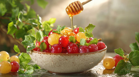 A vibrant bowl of fresh red and yellow grapes drizzled with honey captures the essence of healthy indulgence, perfect for a rustic table setting.の素材
