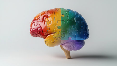 A vibrant and colorful puzzle piece brain symbolizes creativity and cognitive exploration, reflecting the intricate relationship between learning and mental development.の素材