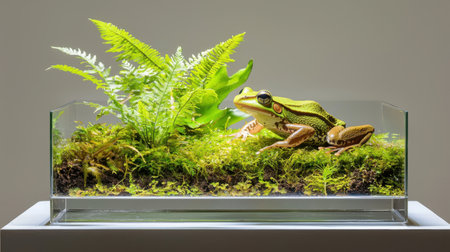 A vibrant green frog perched in a meticulously designed terrarium, surrounded by lush ferns and moss, showcasing a harmonious blend of nature and artistry.の素材