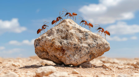 A captivating scene of ants climbing a rock under a bright blue sky dotted with fluffy white clouds, showcasing nature's teamwork and resilience in a desert environment.の素材