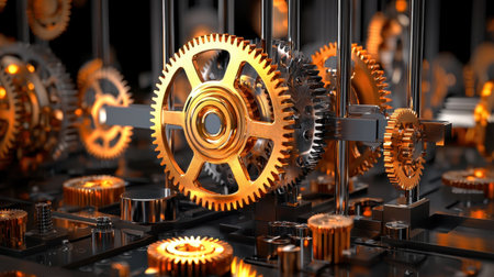 Detailed view of gleaming gears within a mechanical assembly, showcasing intricate design and engineering. Perfect for technology and industry concepts.の素材