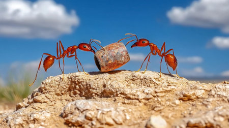 Two red ants work together to move a small metal object on a rock in a desert landscape, showcasing teamwork and cooperation in nature's ecosystem.の素材