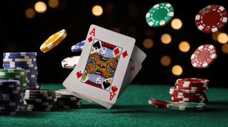 Dynamic scene featuring an ace of spades flying above colorful poker chips on a green felt table, set against a vibrant bokeh background that captures the thrill of casino gaming.の素材