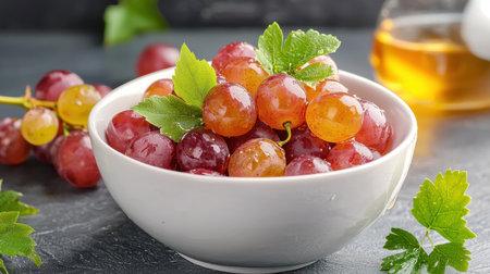 A beautiful arrangement of fresh, juicy grapes in a white bowl, enhanced by green leaves, perfect for showcasing healthy eating and nature's bounty.の素材
